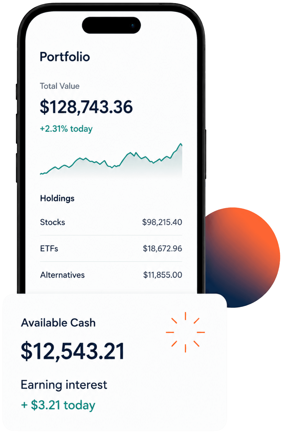Illustrative example of the North mobile app: a portfolio summary showing total value, holdings split across stocks, ETFs and alternatives, and an available cash balance earning interest. Figures are examples, not actual performance.